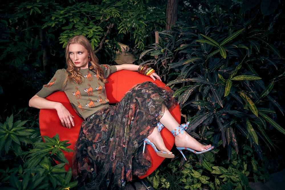 Maison Common designer Rieke Common came up with a "Life is a Jungle" theme for her spring 2020 collection. Pictured here, a monkey intarsia short sleeve pullover and jungle print tulle overlay skirt. (Photo courtesy of Maison Common)
