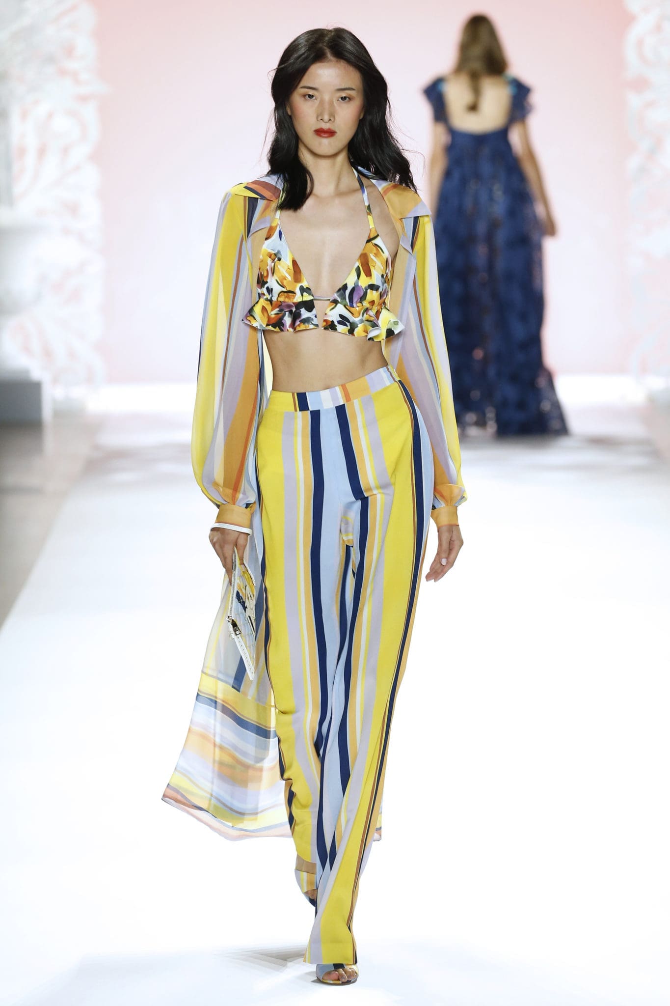 Badgley Mischka striped trousers, floral bralette. (Photo courtesy of Badgley Mischka)