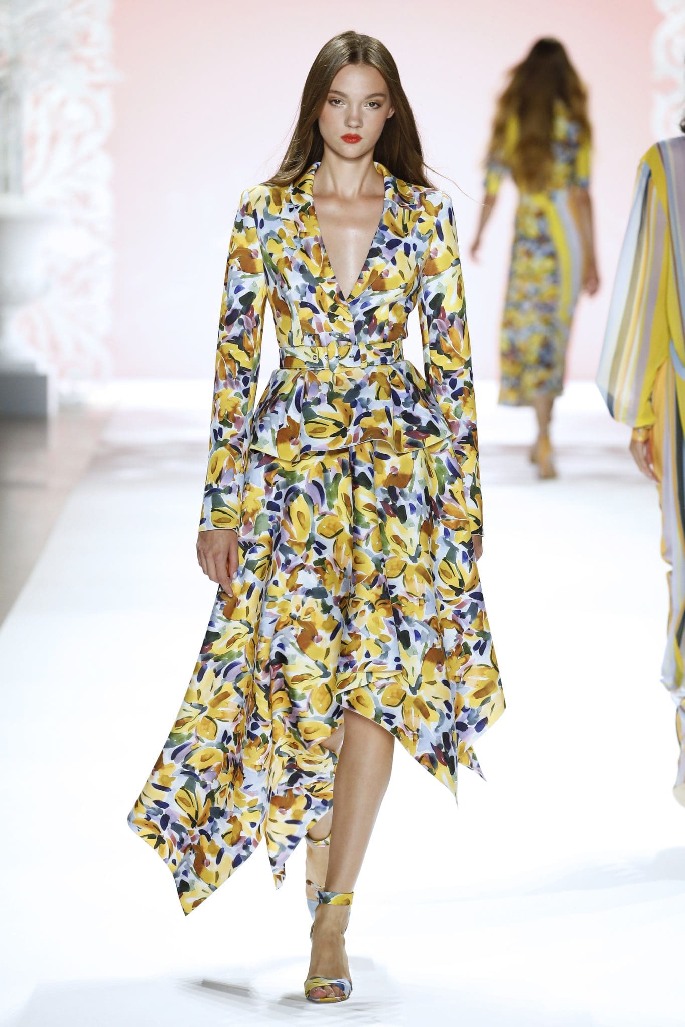 Badgley Mischka floral dress with handkerchief hem. (Photo courtesy of Badgley Mischka)