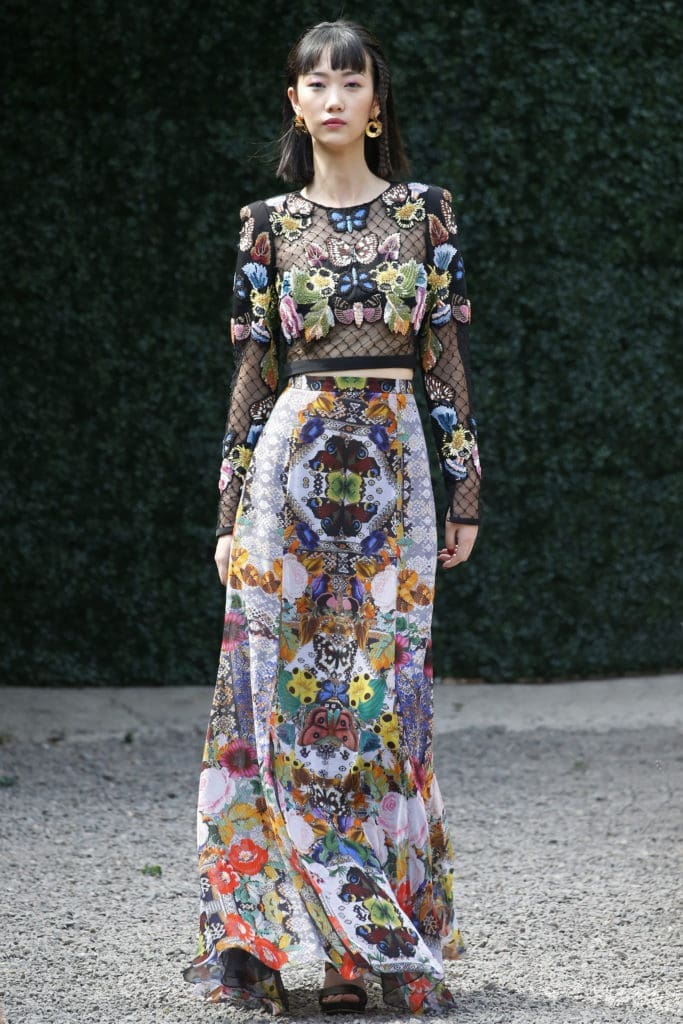 Burnett New York black lattice floral top with printed multi chiffon skirt. (Photo courtesy of Burnett New York)