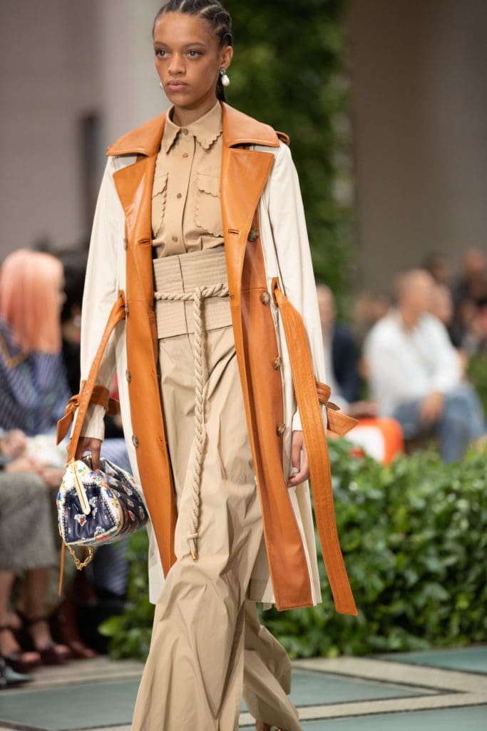Tory Burch leather-paneled cotton trench coat, cotton twill shirt, and taffeta pant. (Photo courtesy of Tory Burch)
