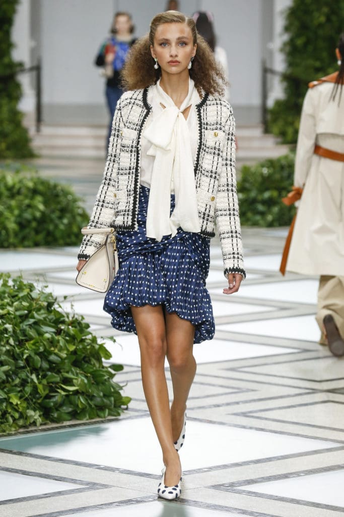 Tory Burch linen and tweed jacket, silk crepe de chine top, polka-dot print silk jacquard skirt. (Photo courtesy of Tory Burch)