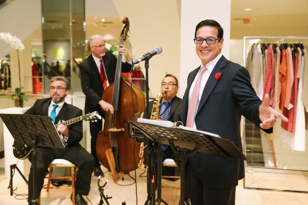 Singer Bob Luna, performing here with The Richard Brown Orchestra quartet  at Neiman Marcus, is on schedule for the first Supper Club evening at The Annie. (Photo by Johnny Than)
