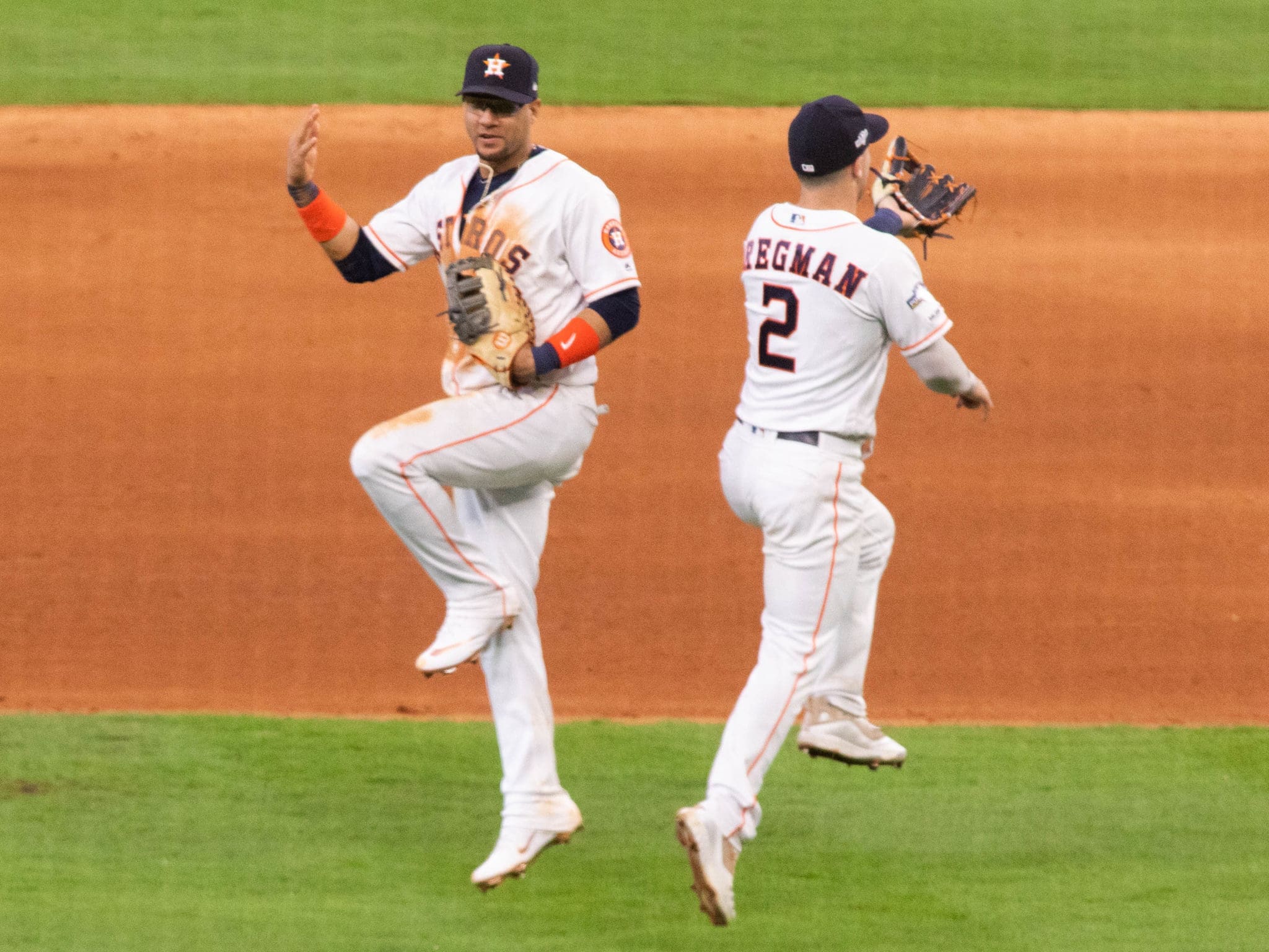 Yuli Gurriel and Alex Bregman know how to celebrate, Astros style. (Photo by F. Carter Smith)
