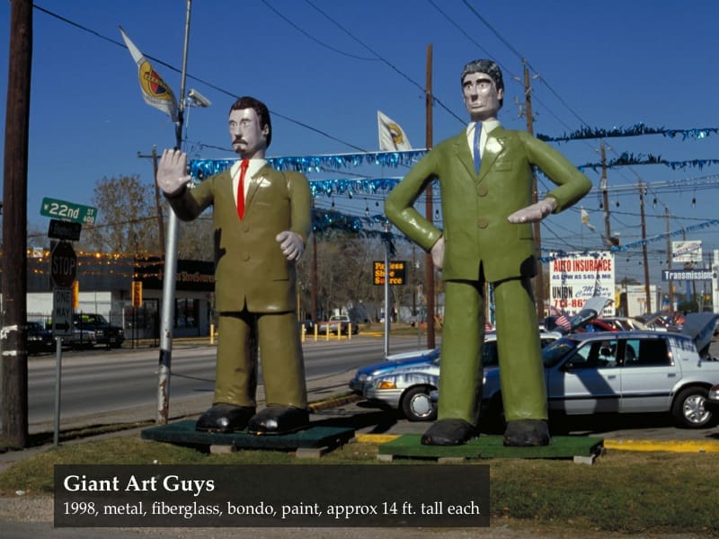 This roadside attraction by The Art Guys can be enjoyed by motorists along N. Shepherd by 22nd Street. It stands near the site of their former Heights studio, the center of the Houston art world for during the 1990s and early 2000s. (Courtesy The Art Guys)
