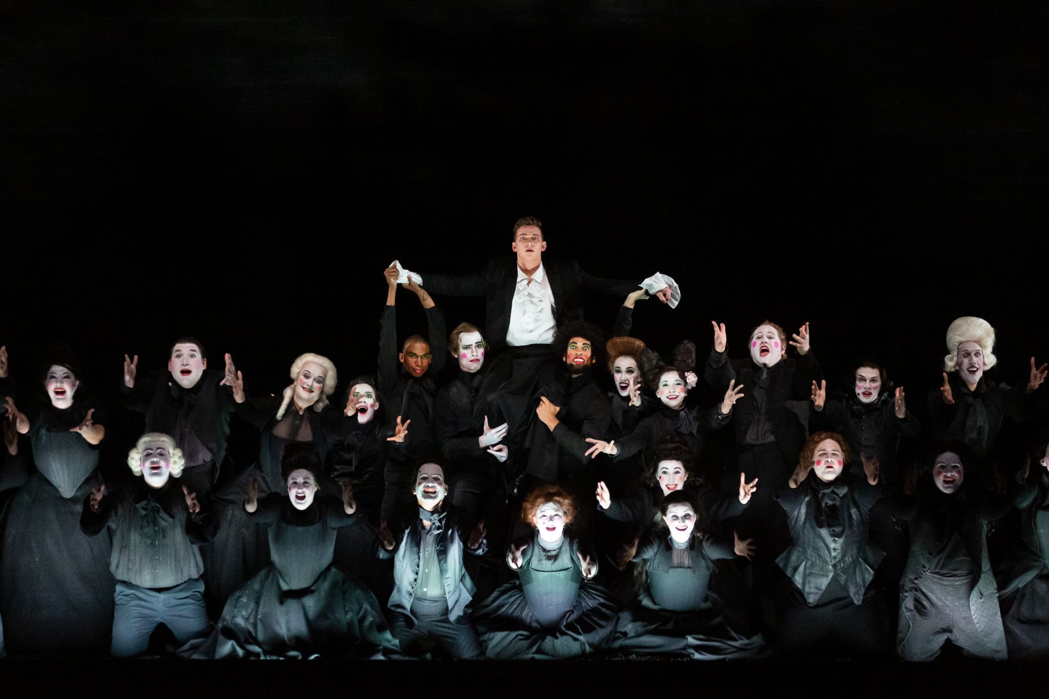 With help from the HGO chorus and dancers, David (Aryeh Nussbaum Cohen)
ascends. (Photo by Lynn Lane)