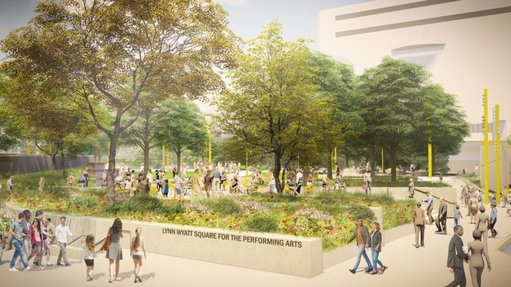 The Lynn Wyatt Square for the Performing Arts will feature a performance lawn, cascading water feature and trees.
