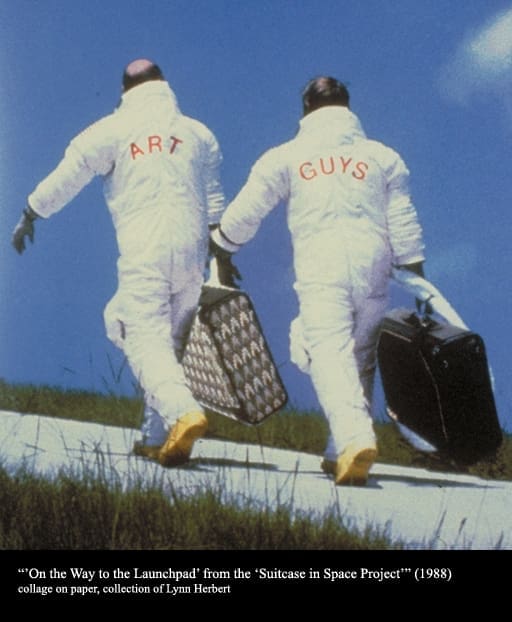 The Art Guys' "On the Way to the Launch Pad," 1988, from "Suitcases in Space Project," typified the use of appropriation and humor that defined the duo's Dadaist work. (Courtesy The Art Guys) 