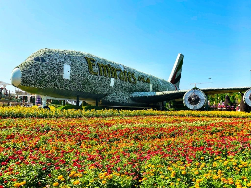 A life size Emirates Airbus is the centerpiece of the Miracle Garden 