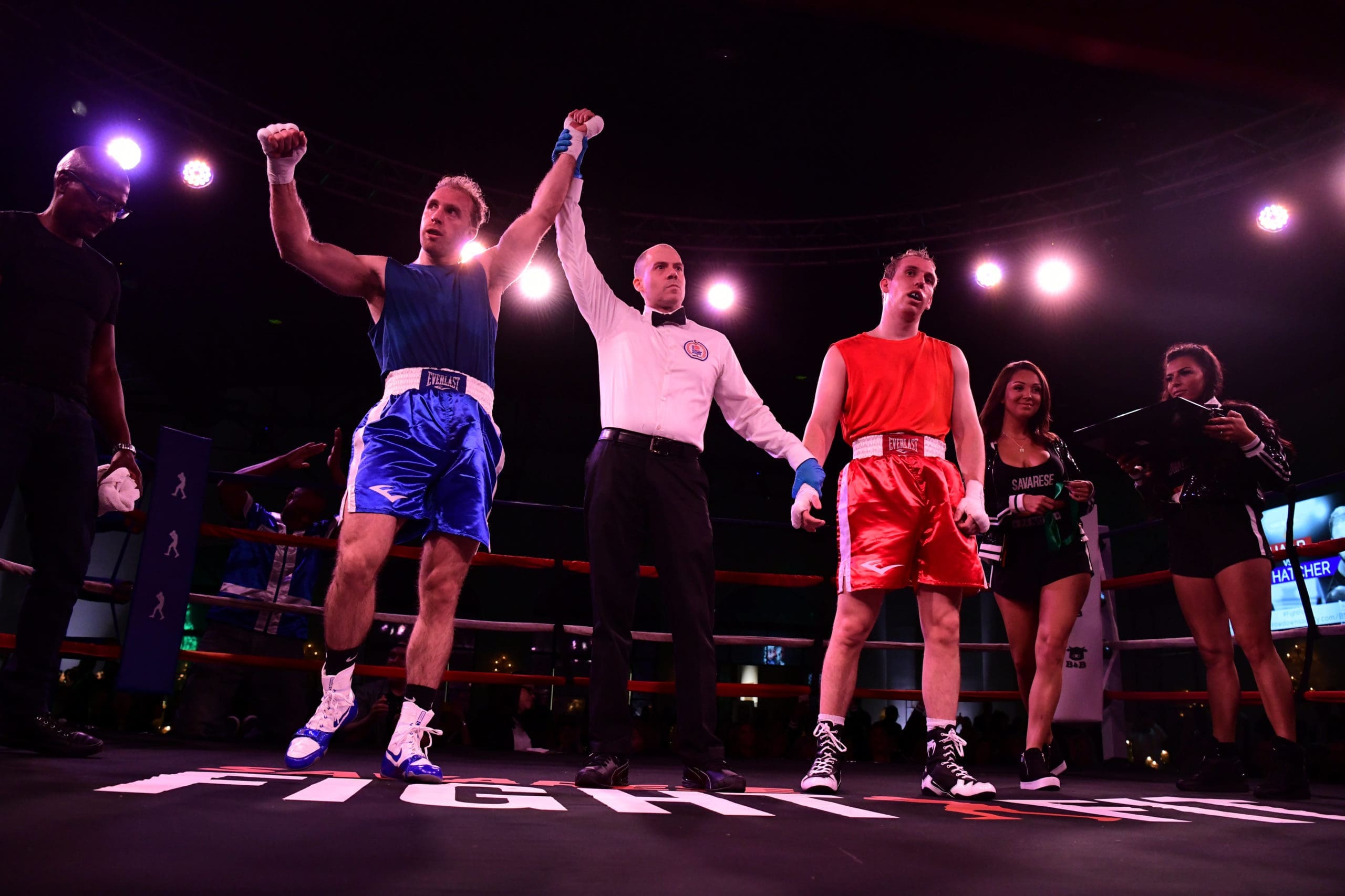 Contenders Tad Hatcher in blue and Tyler Haab in red at Black Tie Boxing. (Photo by Daniel Ortiz)