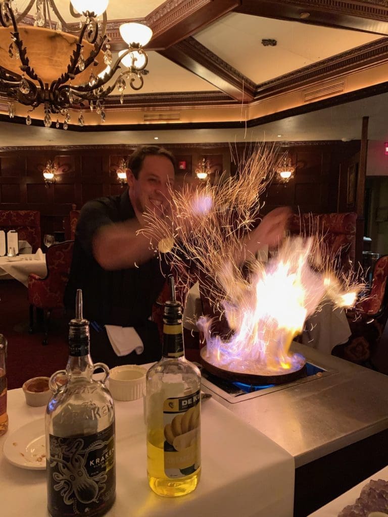 One of the table-side server magician at the Crystal Bay Steak and Lobster House conjures up Bananas Foster and Rat Pack tales. (Photo by Tarra Gaines)