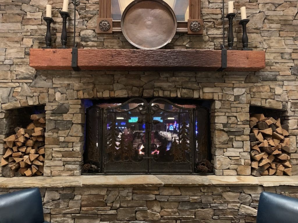 Look close for the lux casino behind the rustic grand fireplace at the Hyatt Resort in Incline Village. (Photo by Tarra Gaines)