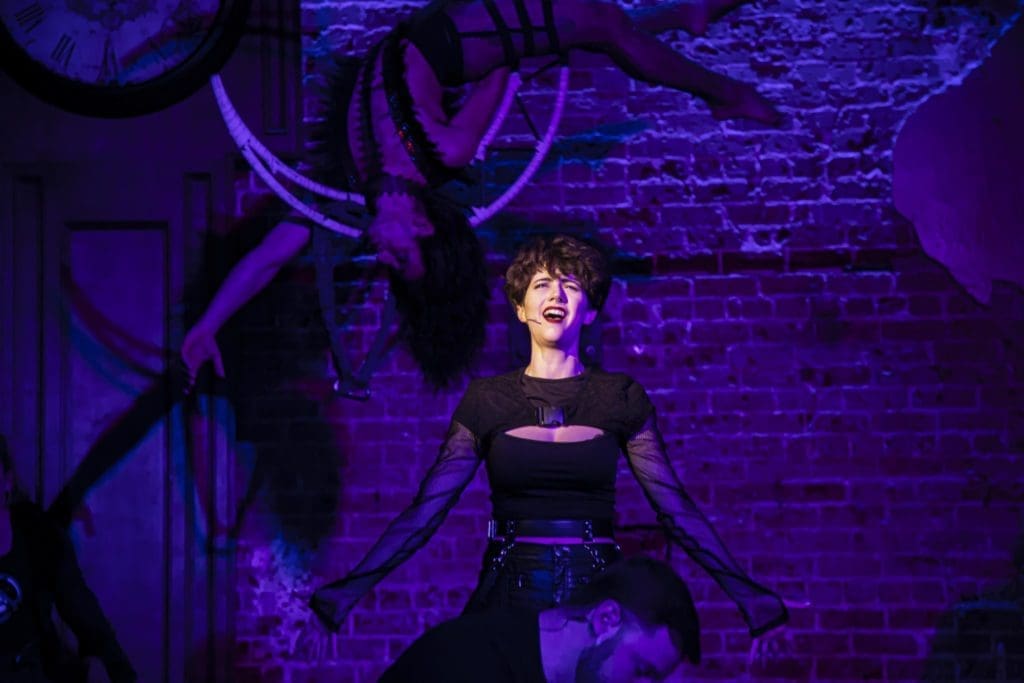 Shelby (Donna Bella Litto) leads the good vamp fight with some aerial backup (Edward Vivas).  (Photo by Claire Logue)