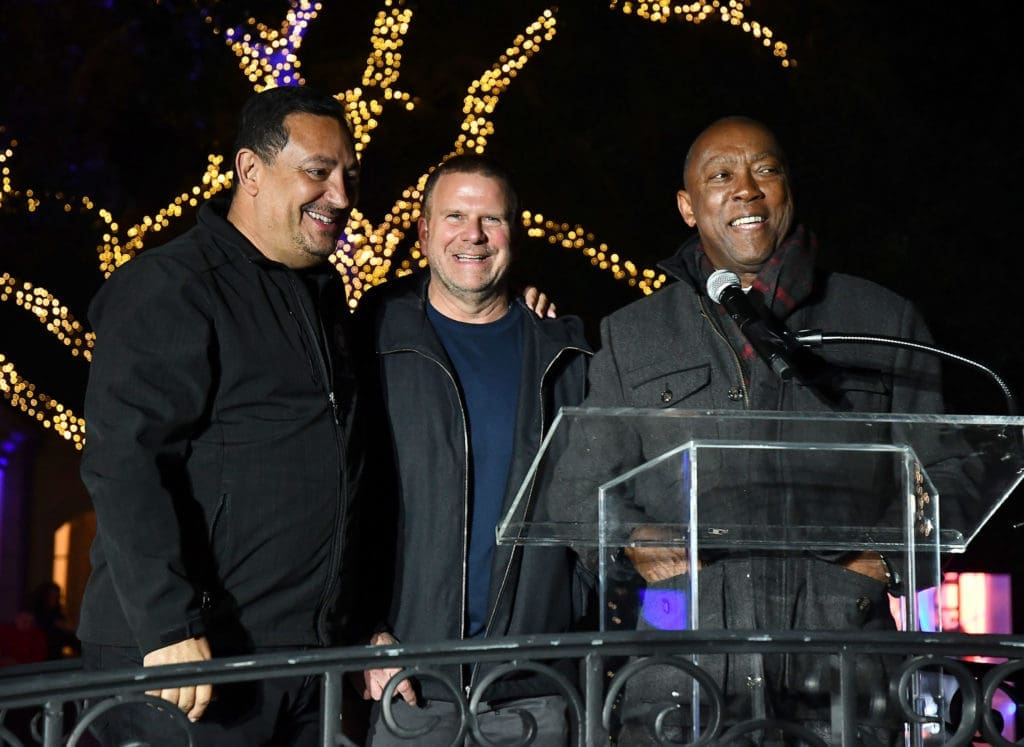 Chief Acevado. Tilman Fertitta and Mayor Sylvester Turner at the Houston Police Foundation's 12th Annual True Blue Gala at Fertitta's home Friday Nov. 8,2019.(Dave Rossman photo)