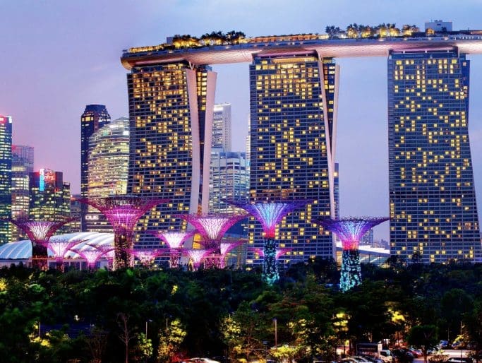 Singapore's Marina Bay Sands Hotel puts on a spectacular light show nightly. (Visit Singapore photo)  (Photo by Jane Howze)