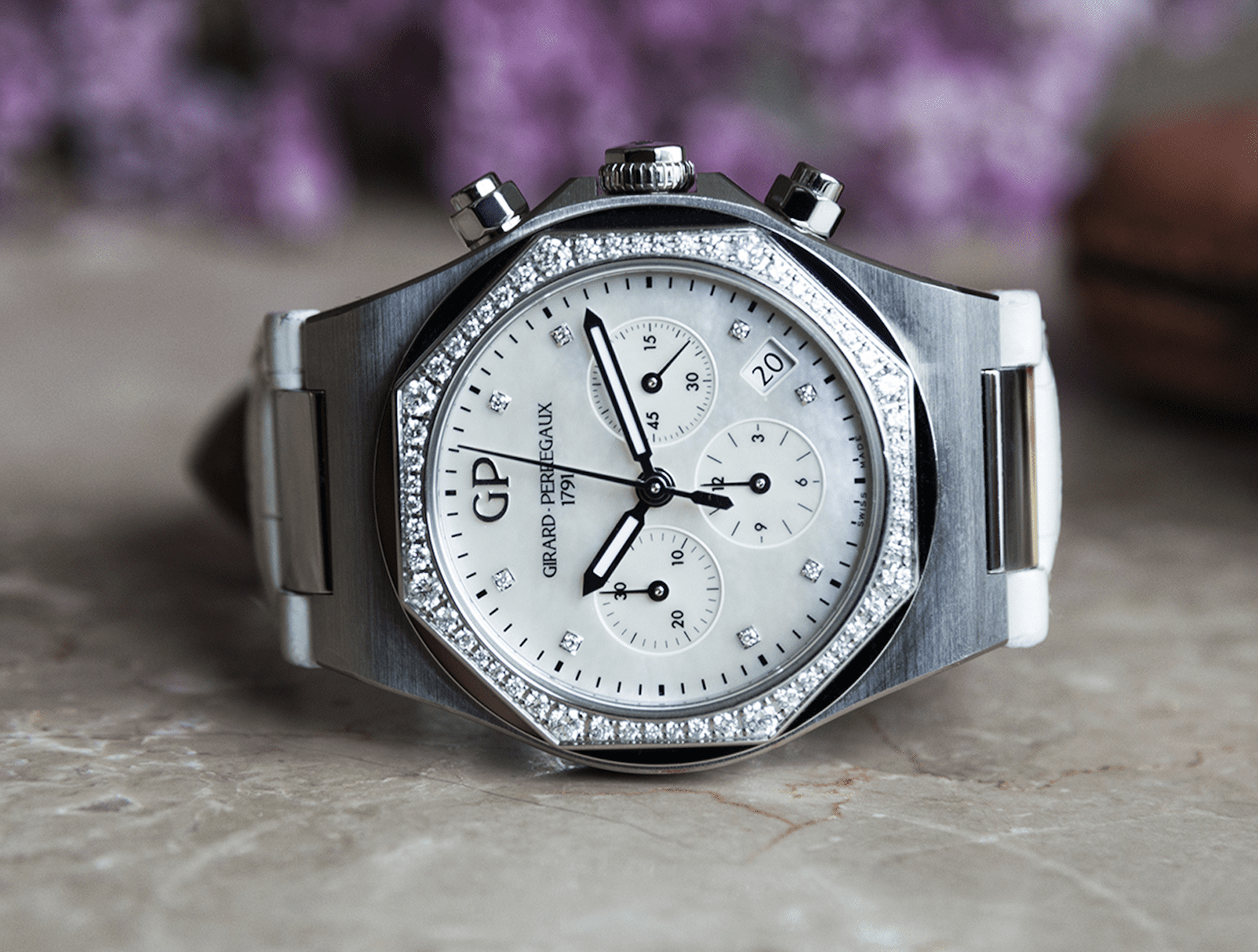 Girard-Perregaux Lady’s Laureato Chronograph watch in stainless steel with diamonds  