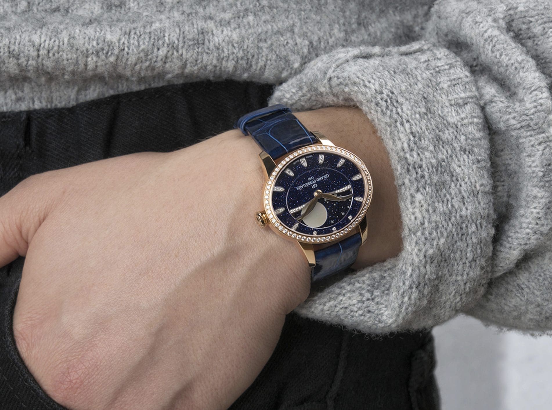 Girard-Perregaux Cat’s Eye Day/Night watch in 18K rose gold and diamond with aventurine dial and navy alligator strap 