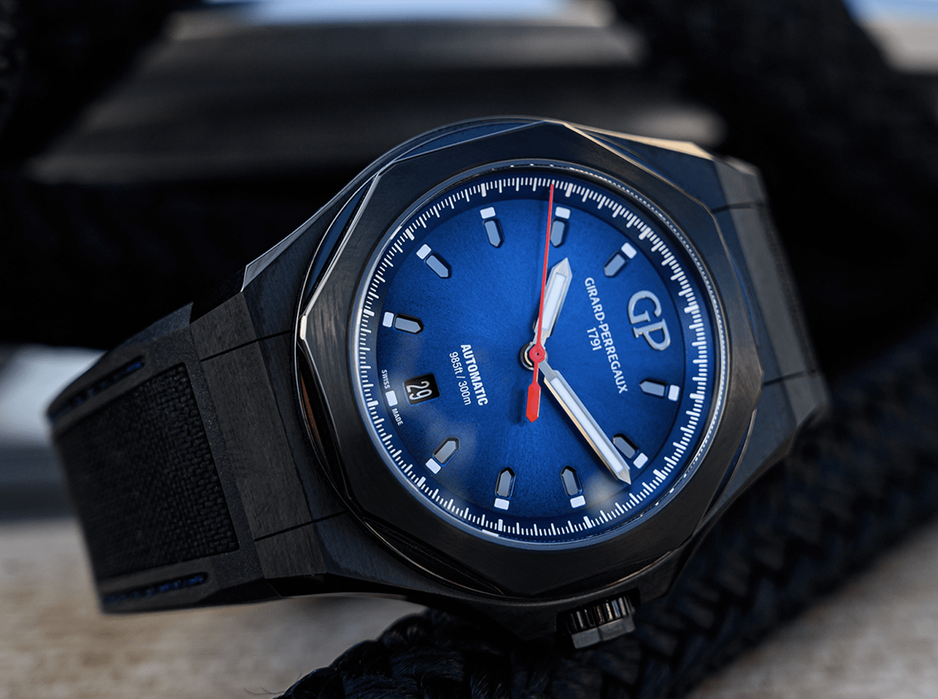 Girard-Perregaux Laureato Absolute watch in black titanium with blue dial and black rubber strap 