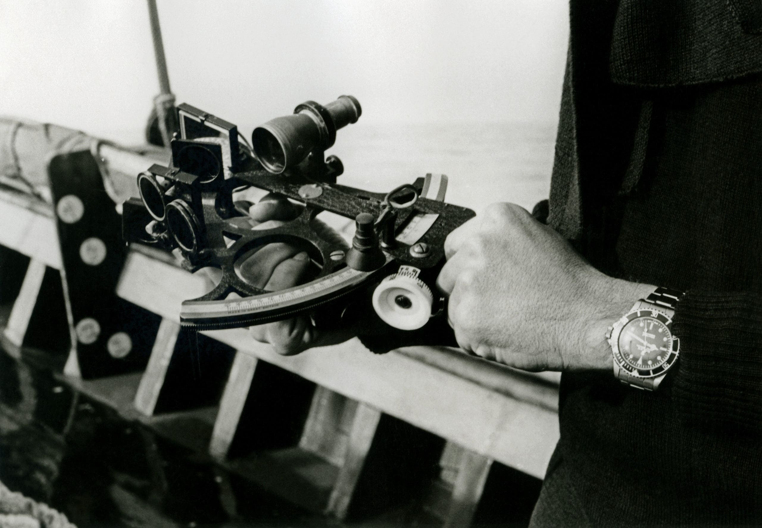 With a sextant and a wristwatch chronometer – here, a Rolex Submariner – navigators can calculate longitude at sea.
