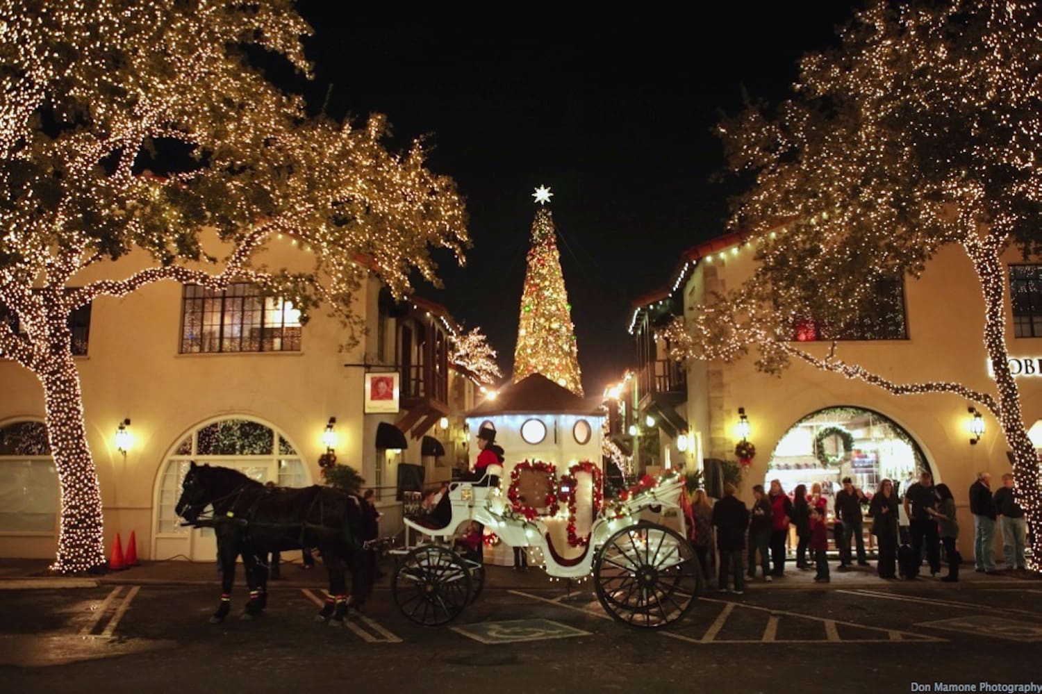 Take a carriage ride through the beautifully lit Highland Park Village. Courtesy of Threejays Carriage