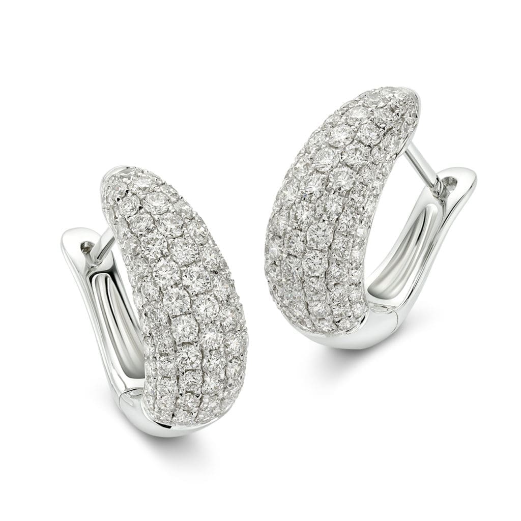 Dome Earrings covered in brilliant diamonds in 18K white gold.