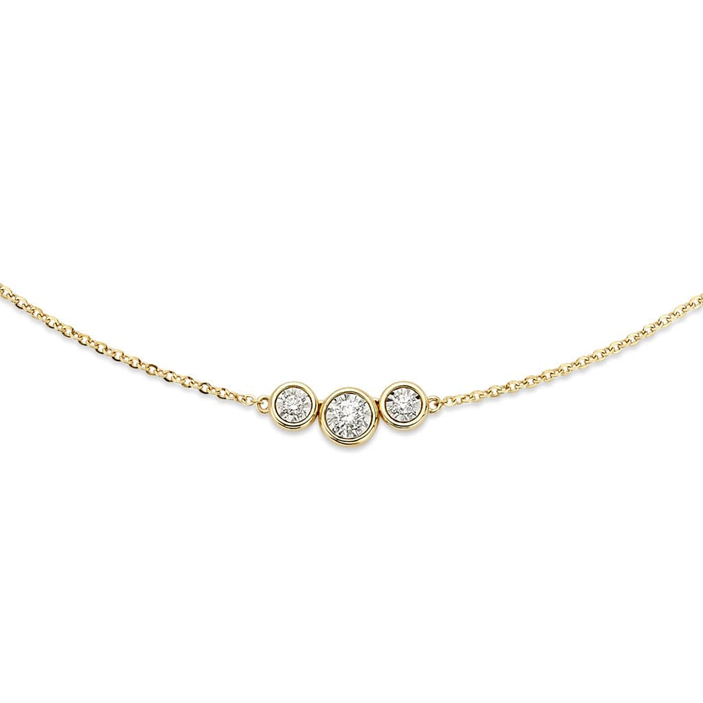 Emma Three Stone Necklace with round brilliant diamonds set in 18K yellow gold diamond chain. 