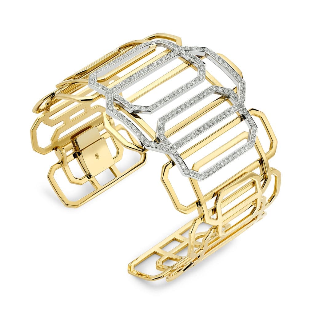 Signature Cuff featuring our de Boulle Hallmark overlapping and sprinkled with diamonds.