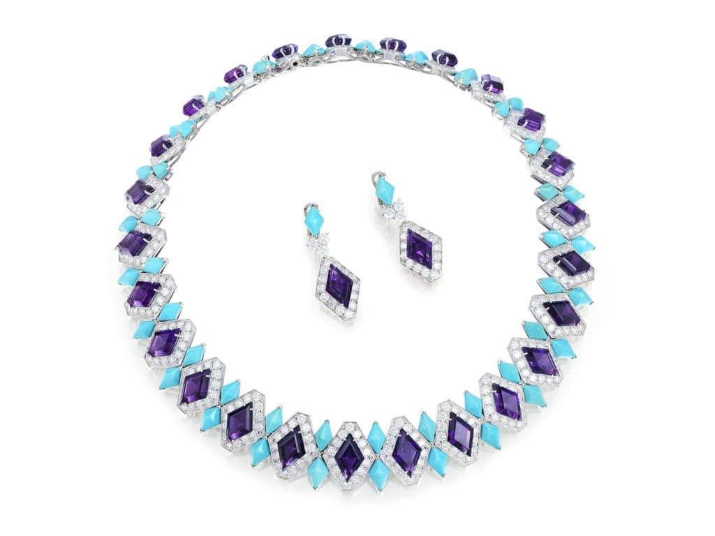 Vintage Asprey 18K white gold turquoise and amethyst necklace and earring set, circa 1990.
