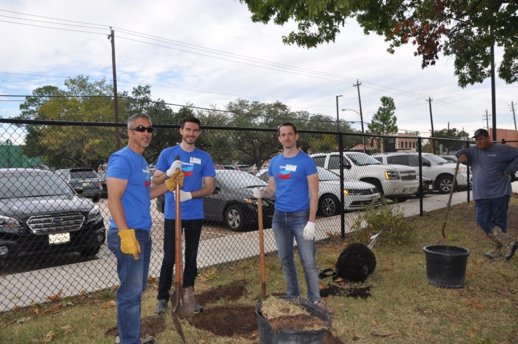 Chevron volunteers get digging. (Photo by Trees for Houston)