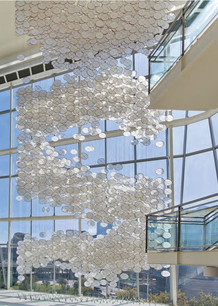 Jacob Hashimoto's "Cloud Deck," 2010, in the atrium of the Shea Street Building of the Marilyn Davies College of Business at University of Houston-Downtown.