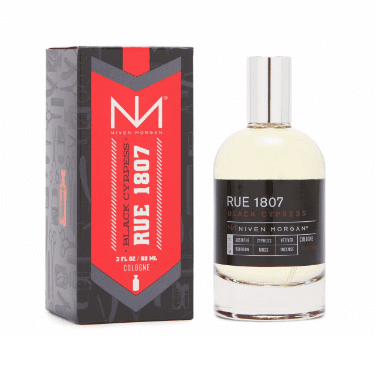 Niven Morgan's Rue 1807 Black Cypress Cologne available at select stores and nivenmorgan.com.