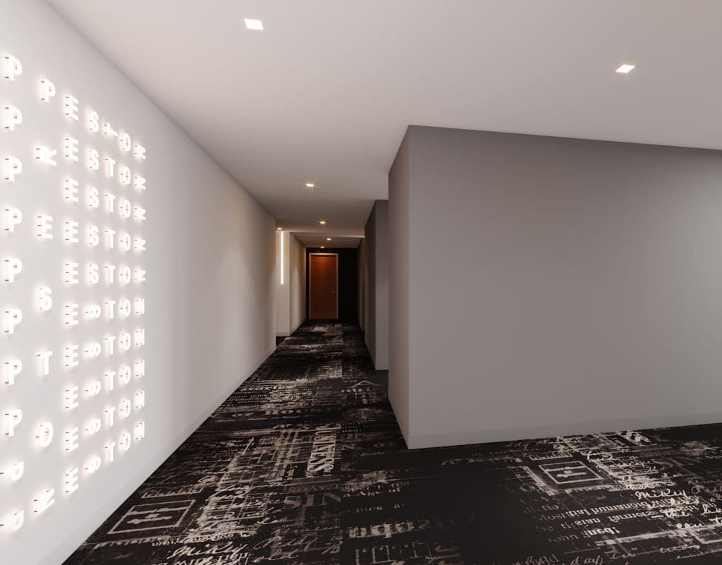 Even The Preston tower's hallways are anything but apartment building traditional.