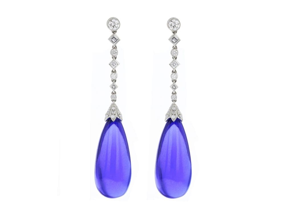 Estate Tiffany & Co. Blue Book tanzanite and diamond drop earrings, set in platinum, circa 2000.