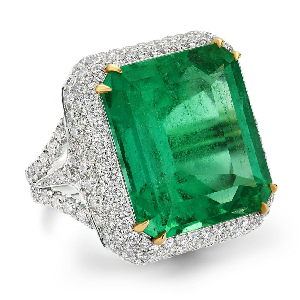 Moghul Emerald Ring featuring 36.47 ct. natural beryl Colombian emerald-cut emerald, ablaze with diamonds and set in platinum.