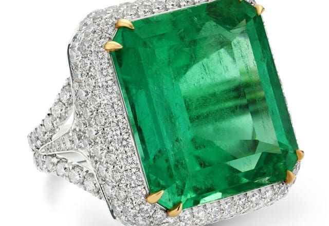 Moghul Emerald Ring featuring 36.47 ct. natural beryl Colombian emerald-cut emerald, ablaze with diamonds and set in platinum.