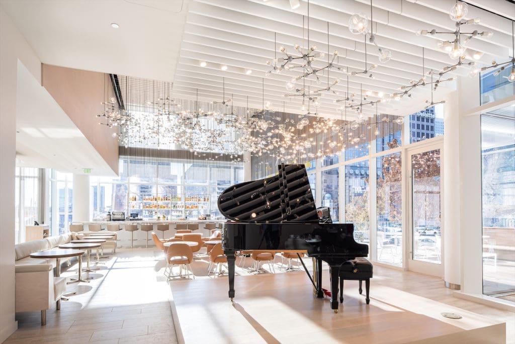 A Steinway piano sits in the lounge of Ellie's in the Hall Arts Hotel. 