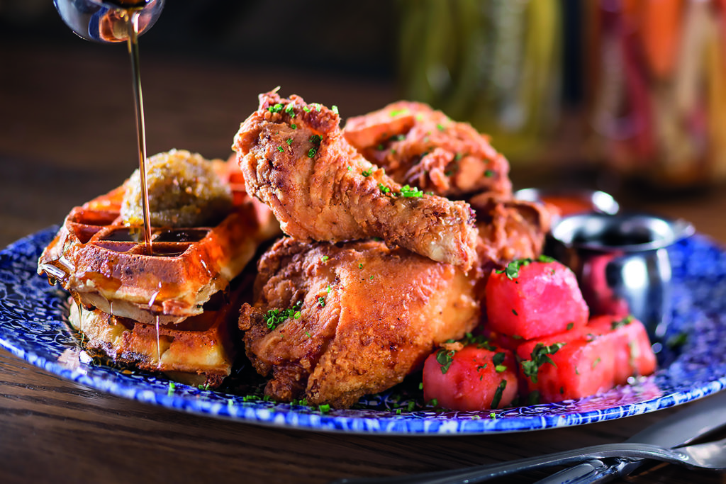 Chicken ‘n’ watermelon ‘n’ waffles is a classic at Yardbird. (Courtesy of Yardbird Southern Table & Bar)