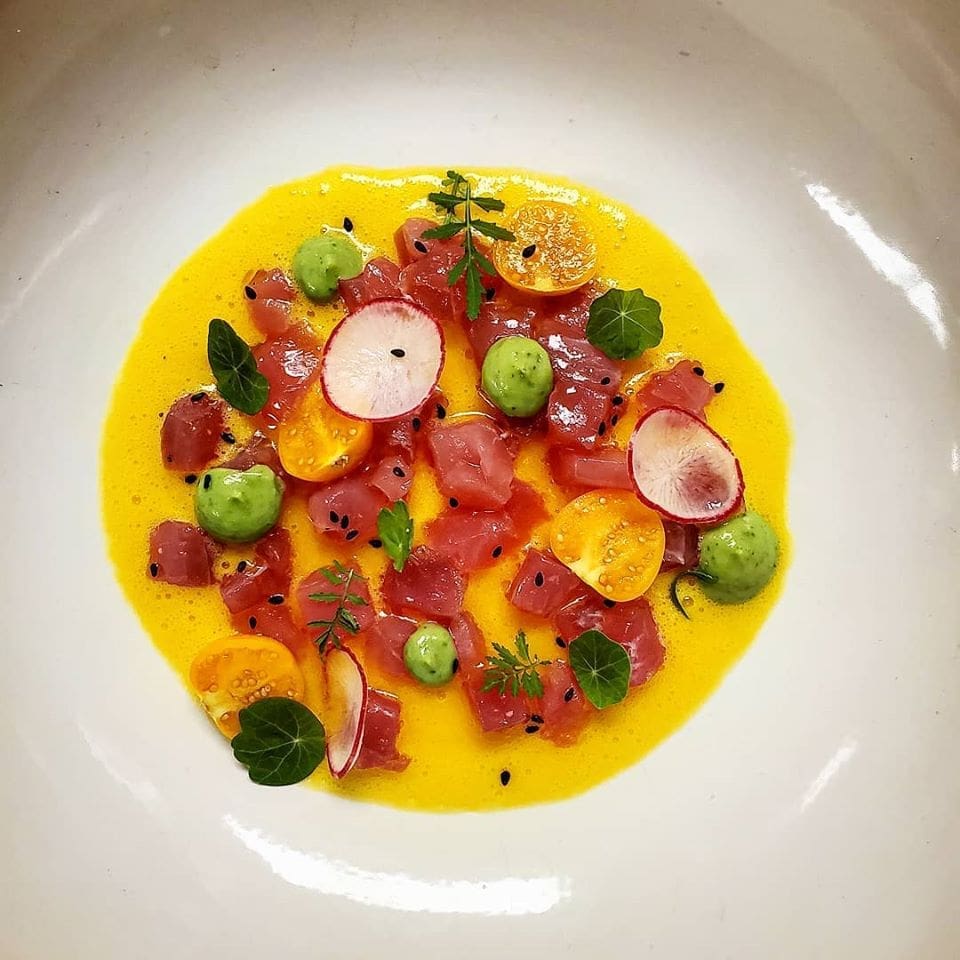 Satsuma and Yuzu tuna aguachile, with avocado-serrano puree and tart gooseberry at Jose.