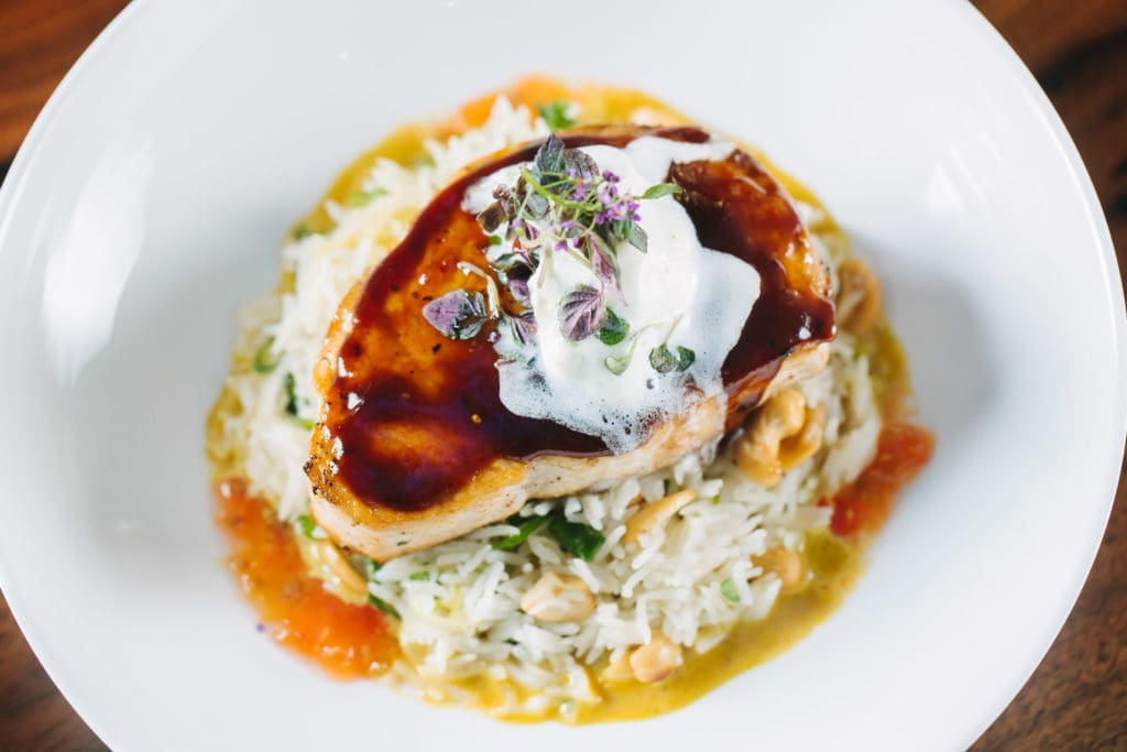 Ginger miso white soy swordfish presentation.