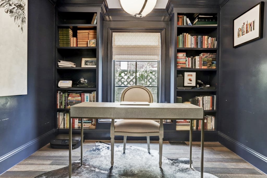 This home office celebrates the elegance of a marriage between contemporary and traditional design. (Photo by TK Images)