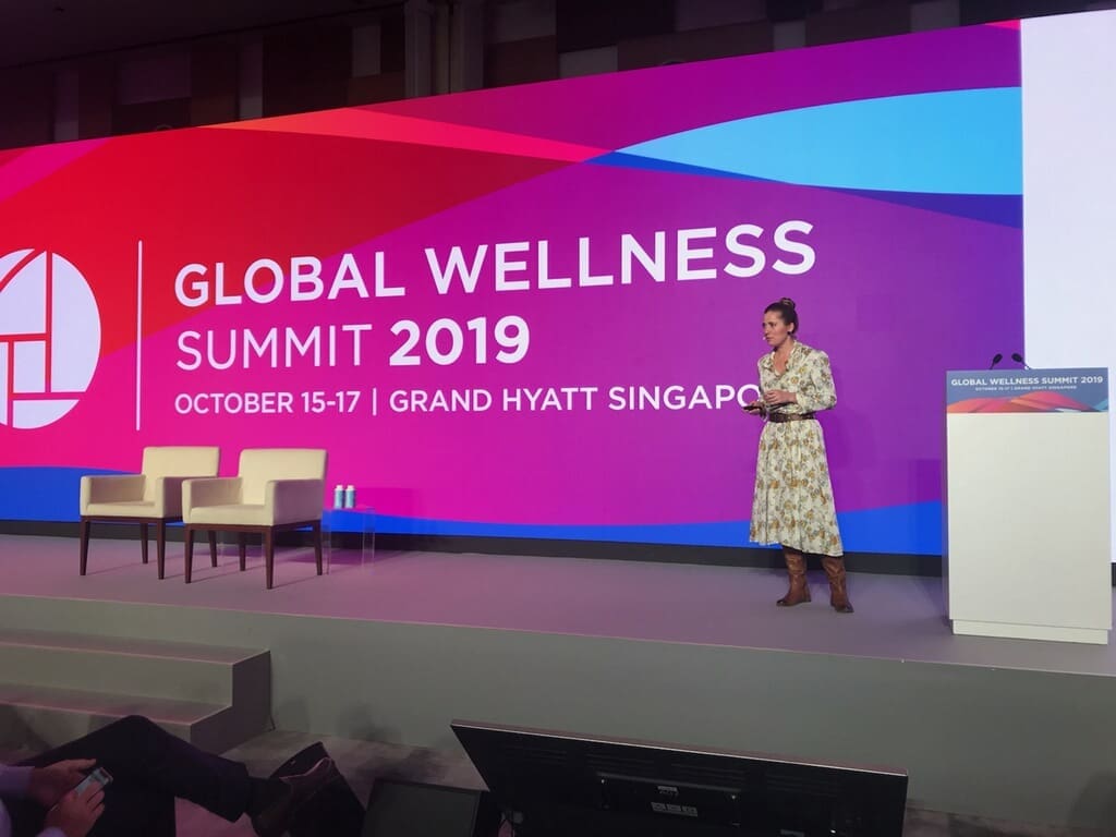 Wellness architect Veronica Schreibeis speaks to the hot topic of Regenerative Architecture, at the Global Wellness Summit, Singapore, 2019. (Courtesy the author)