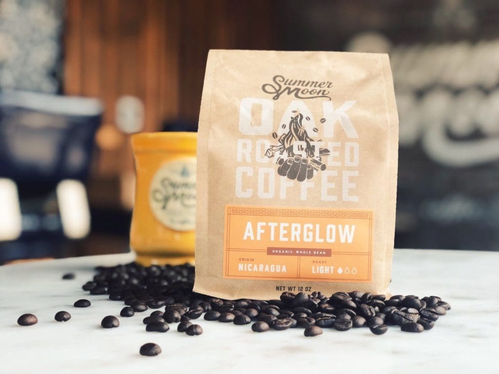 Bags of their premium, fire roasted coffees are available to take home.