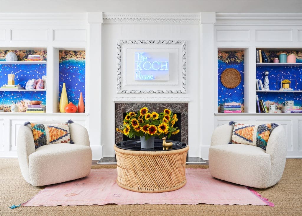 An electric-blue neon sign boldly welcomes guests to The Koch House, with interiors by designer Jean Liu. (Courtesy) 