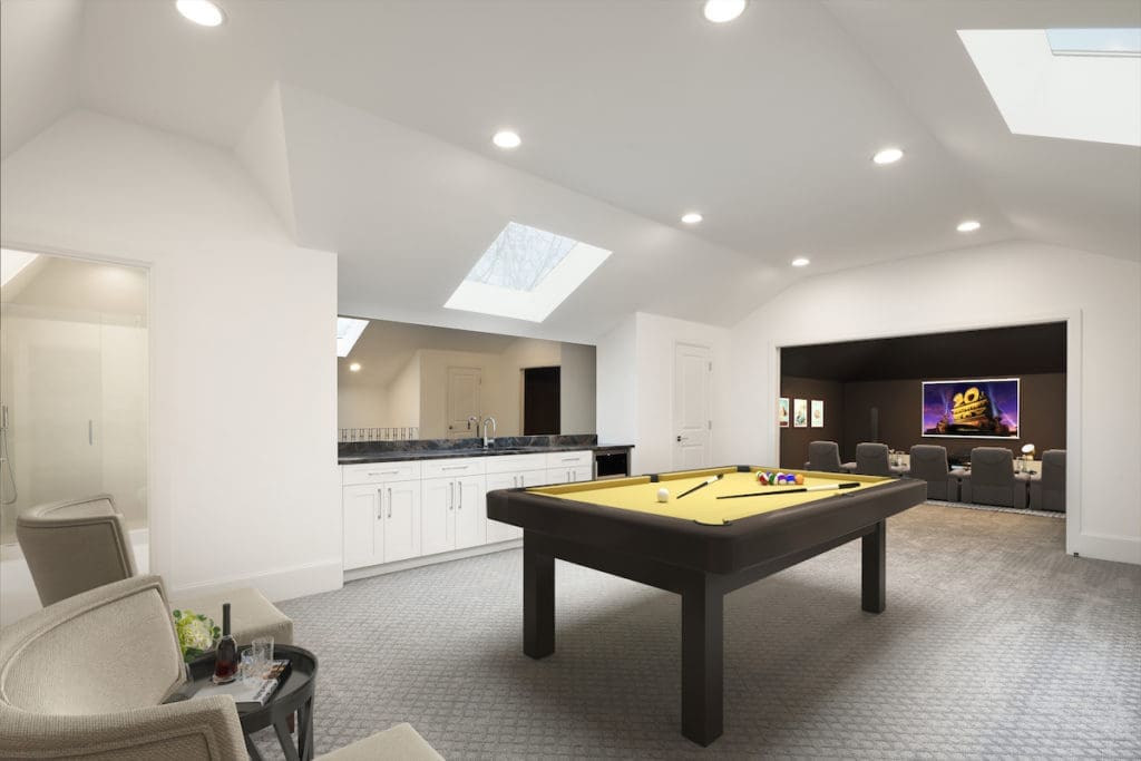 The game room leads into a home theater on the third floor. 