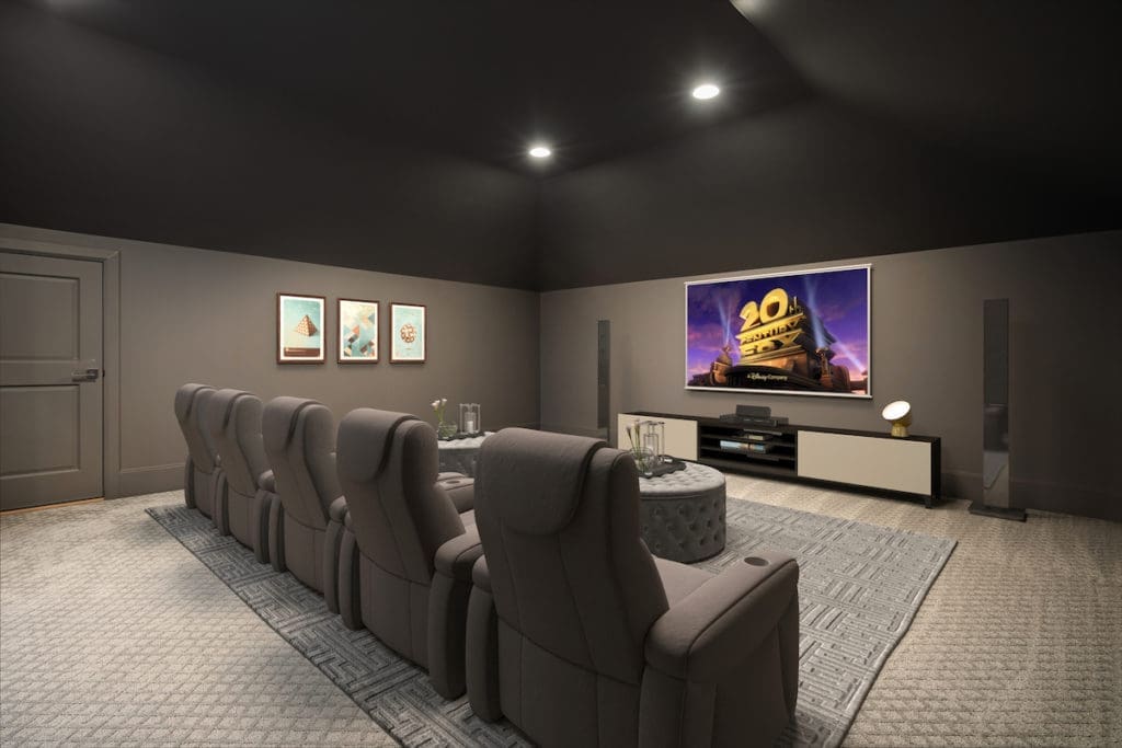 A third-floor in-home theater includes surround sound. 