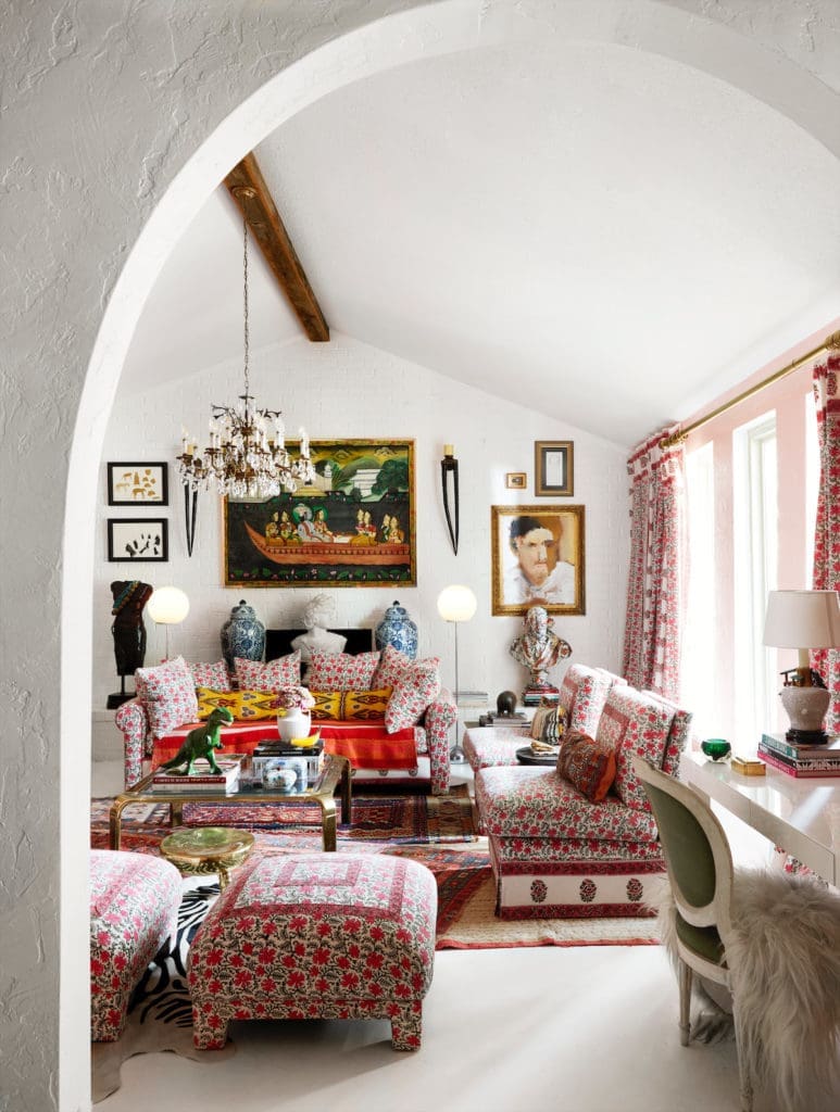 The pink living room, designed by Fort Worth interior designer Judy Aldridge was inspired by Lee Radziwill’s interiors. Draperies and upholstery are made from tablecloths from Wisteria. (Photo by Lisa Petrole)