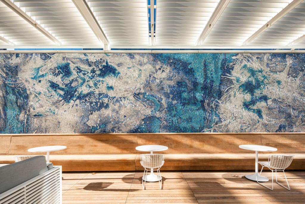 Photographer James Welling and
mosaicist Stephen Miotto’s "Untitled,"
2019, on the terrace. (Photo by Robert Tsai )