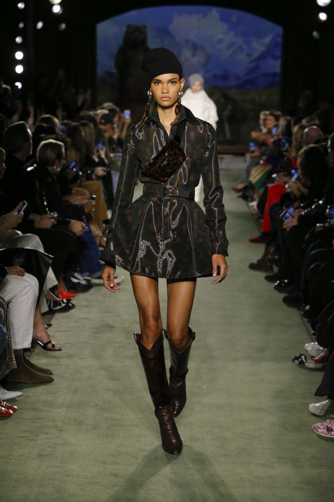 Brandon Maxwell tortoise liquid gazaar belted mini-dress. (Photo by Monica Feudi)