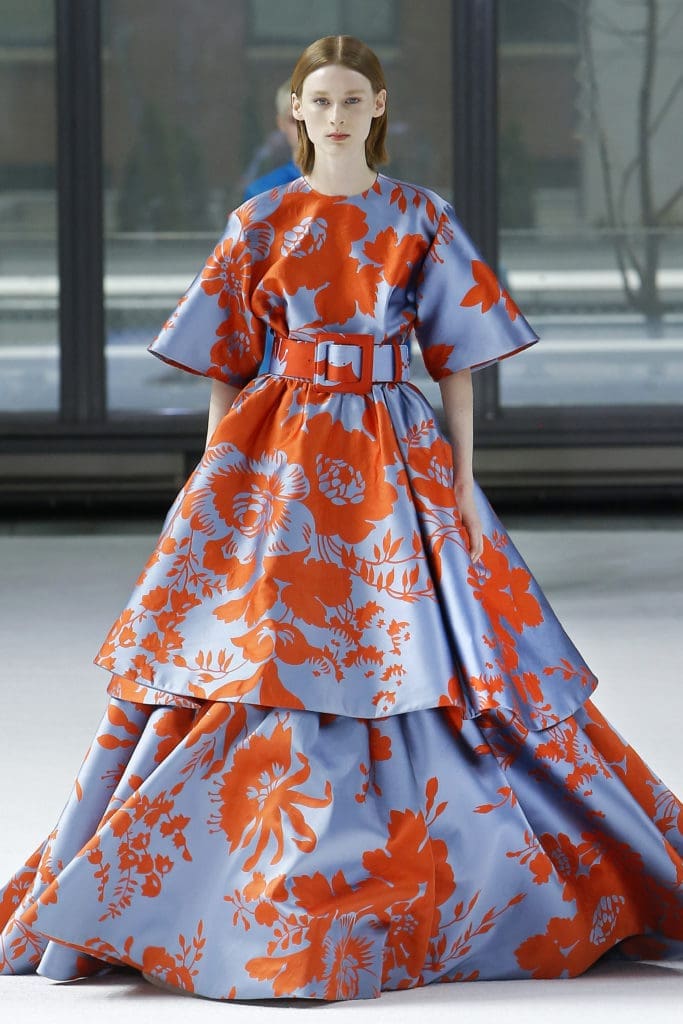 Carolina Herrera cornflower blue and two-tiered floor-length skirt, clementine orange jacquard T-shirt, cornflower blue and clementine orange floral jacquard buckle belt. (Photo courtesy of Carolina Herrera)