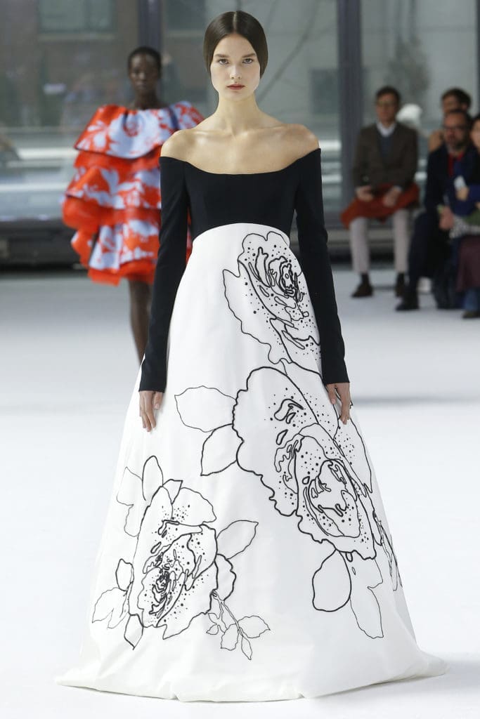 Carolina Herrera black and white beaded off-shoulder A-line gown. (Photo courtesy of Carolina Herrera)